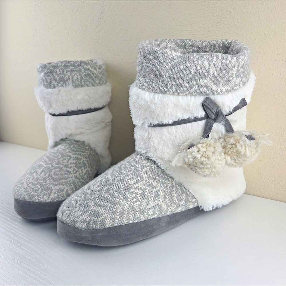 MUK LUKS The Original Women's Bootie Slippers Faux Fur Fair Isle 8 Gray Bow